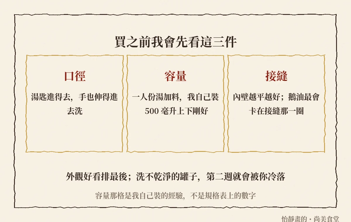 買燜燒罐先看三件：口徑好不好洗、容量夠不夠一人份湯加料、內壁接縫會不會卡油